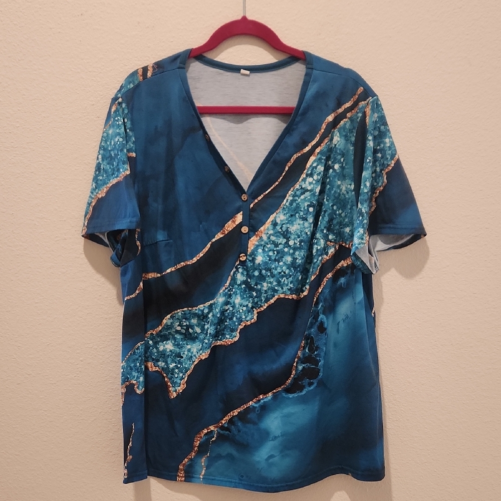 Rosegal Blue/green and Gold Short Sleeve Top